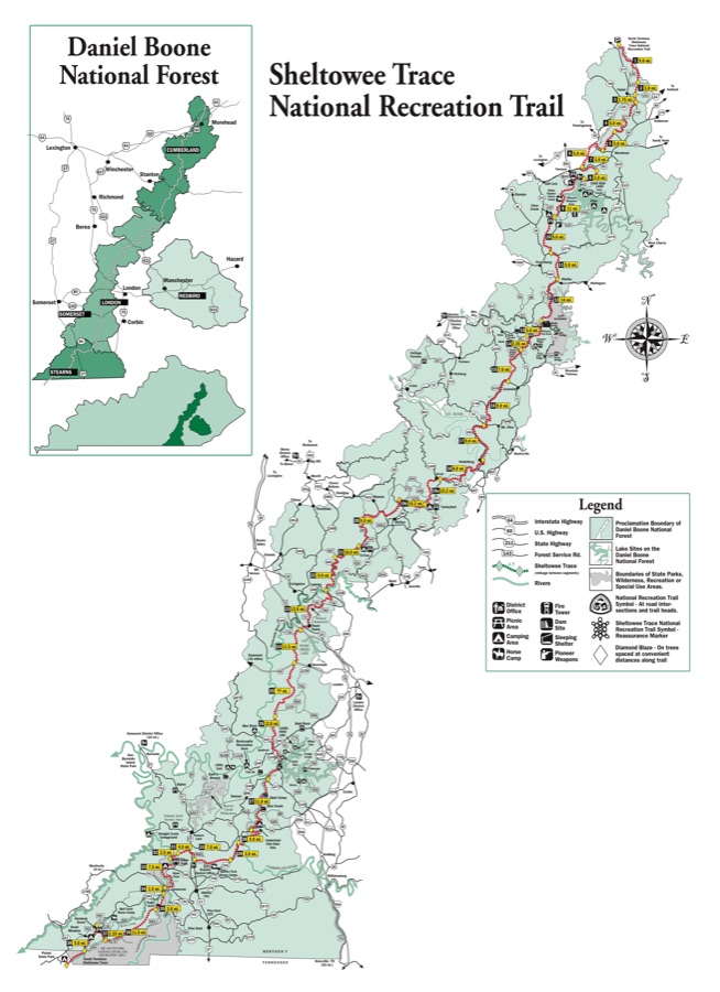 Map of the Sheltowee Trace National Recreation Trail, running the length of Kentucky’s Daniel Boone National Forest