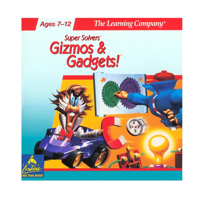 The box for Super Solvers: Gizmos & Gadgets!, with a mad scientist, a purple car, a horseshoe magnet, a compass, and a light bulb